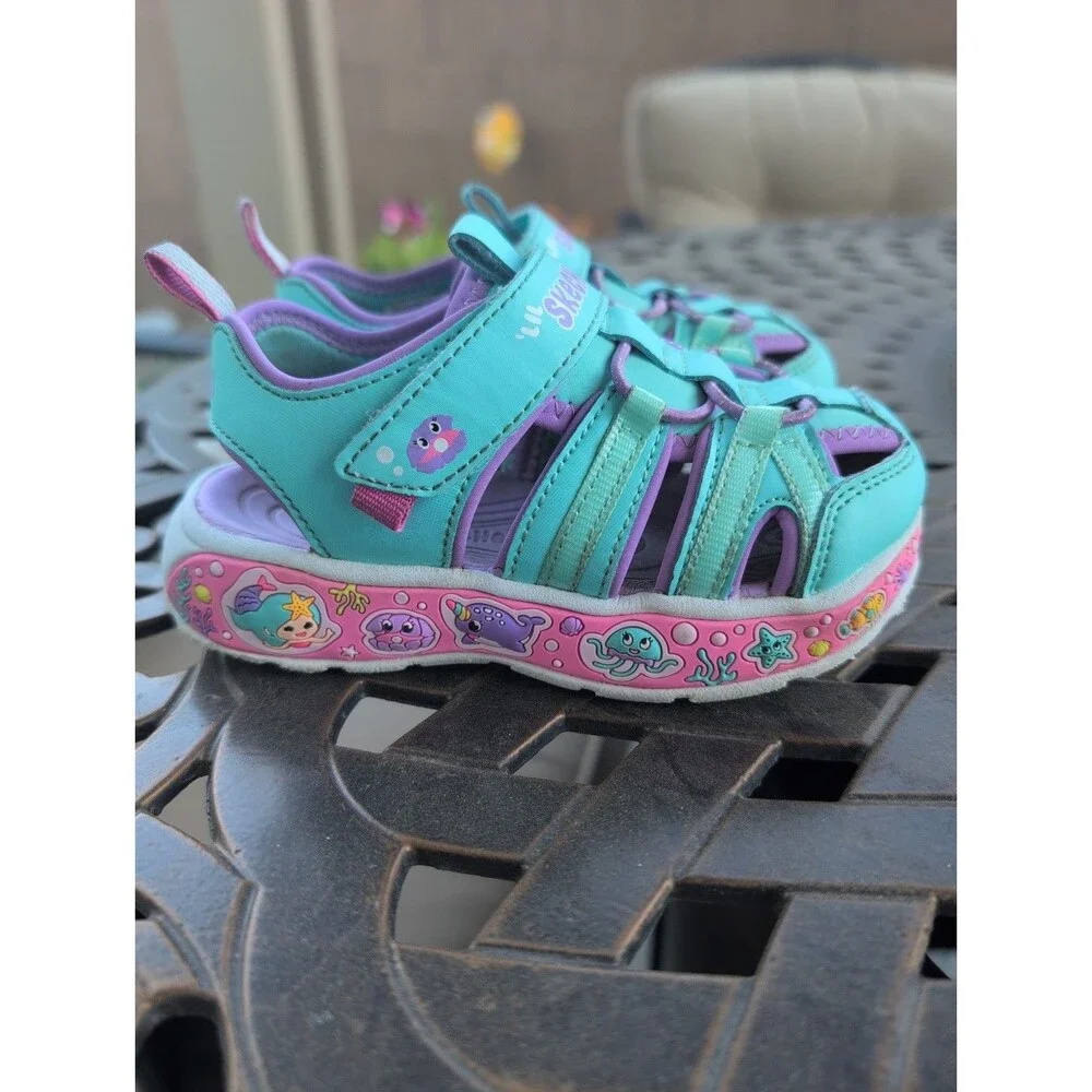 'Lil Sketchers Girls Toddler Size 8 Mermaid Sea Animals Velcroe Sandals